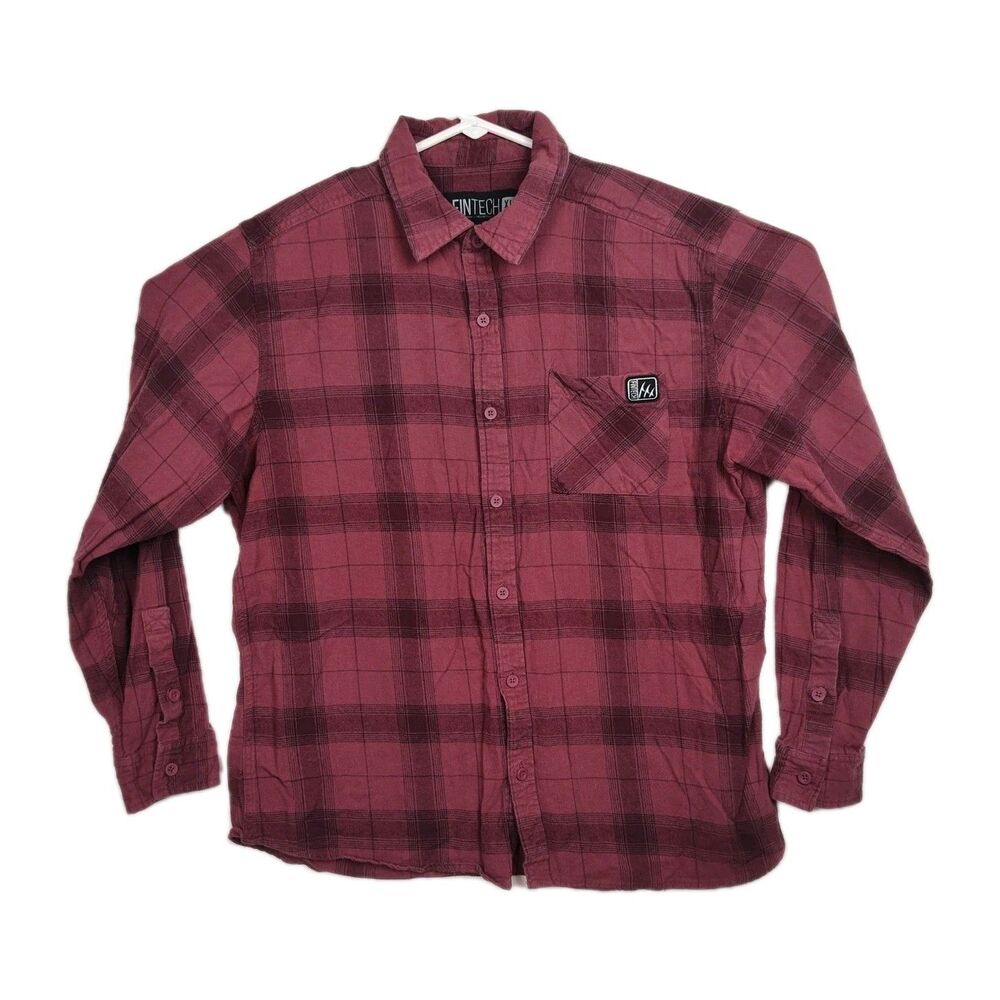 Fintech Button-Up Shirt Men's XL Maroon Plaid Long Sleeves Logo Collared - Picture 1 of 9